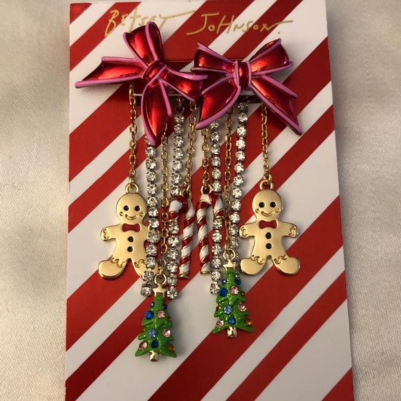 Betsey Johnson Gold Tone Red Metal Bow Front Back Drop Earrings Fringe Accents - Picture 1 of 13